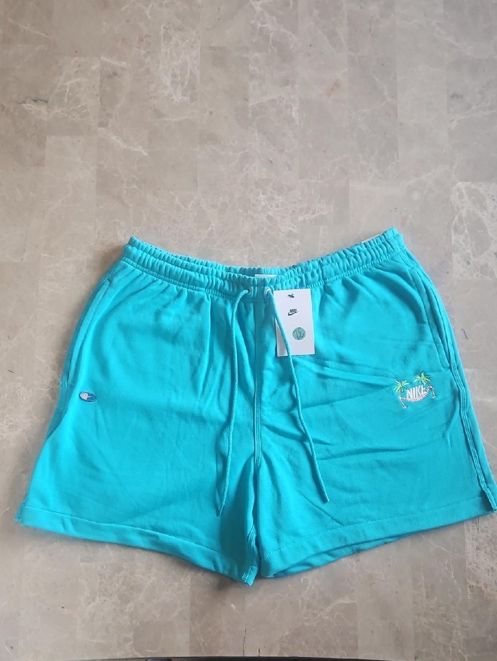 Mens Nike Teal Drawstring Soft Cotton Blend Shorts Palm Tree Logo Size Large